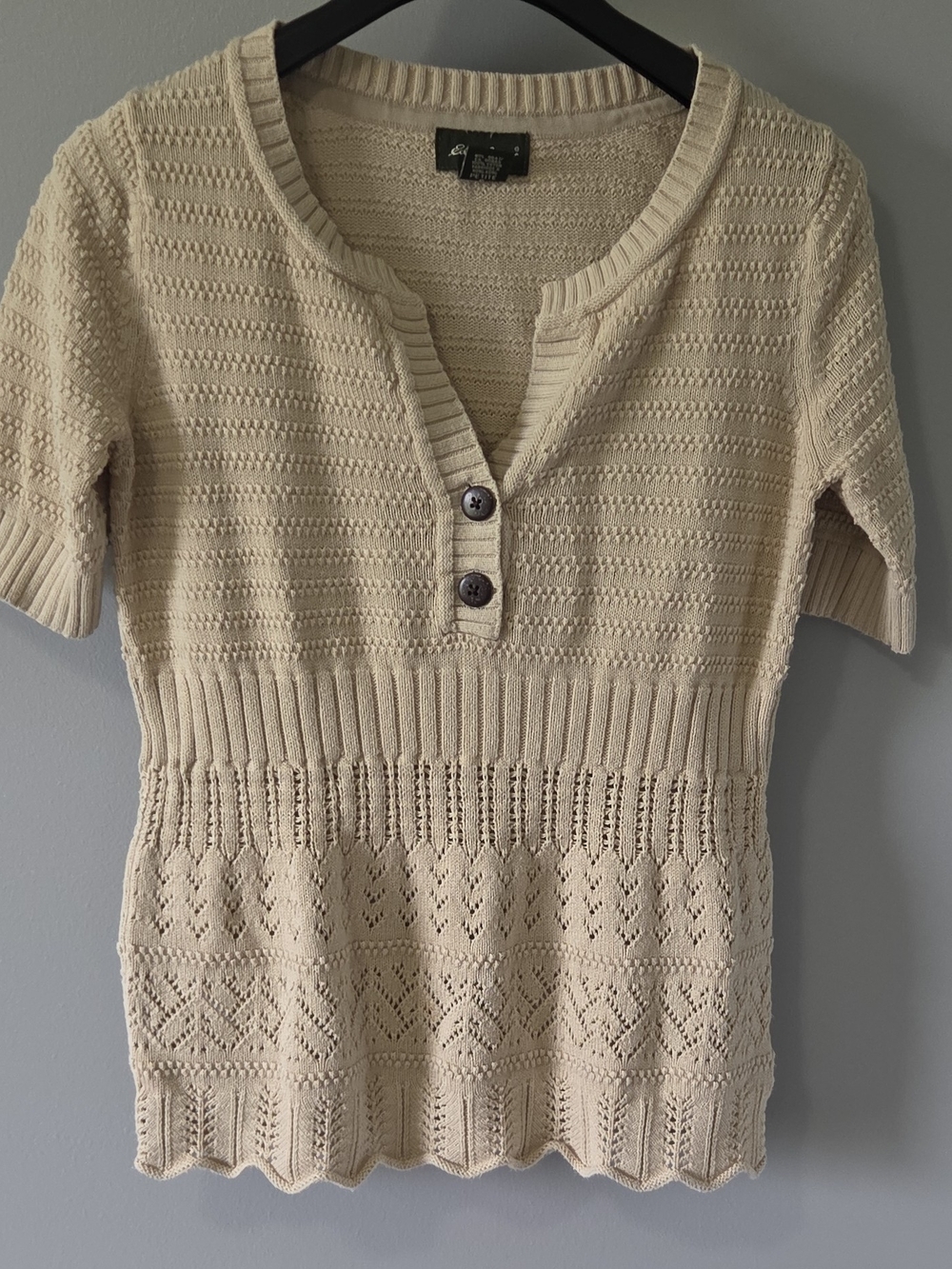 Eddie Bauer Beige Cream Knit Petite S Short Sleeve Henley Sweater 90s Babydoll